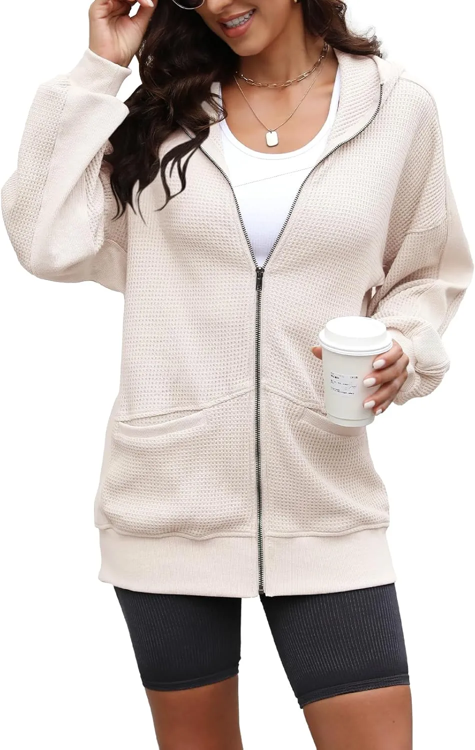 Yanekop Womens Oversized Fall Jackets Zip Up Hoodie Jacket Coat Waffle Knit Shacket Fall Outfits with Pocket