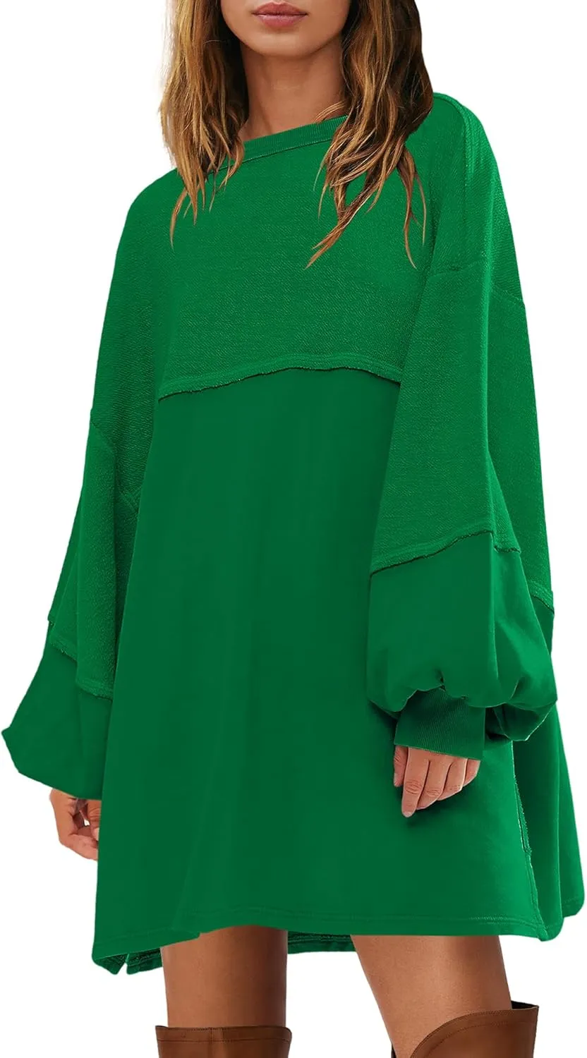 Yanekop Womens Oversized Sweatshirt Dress Patchwork Tunic Sweatshirts Crewneck Long Sleeve Spring Pullover Tops Side Slit
