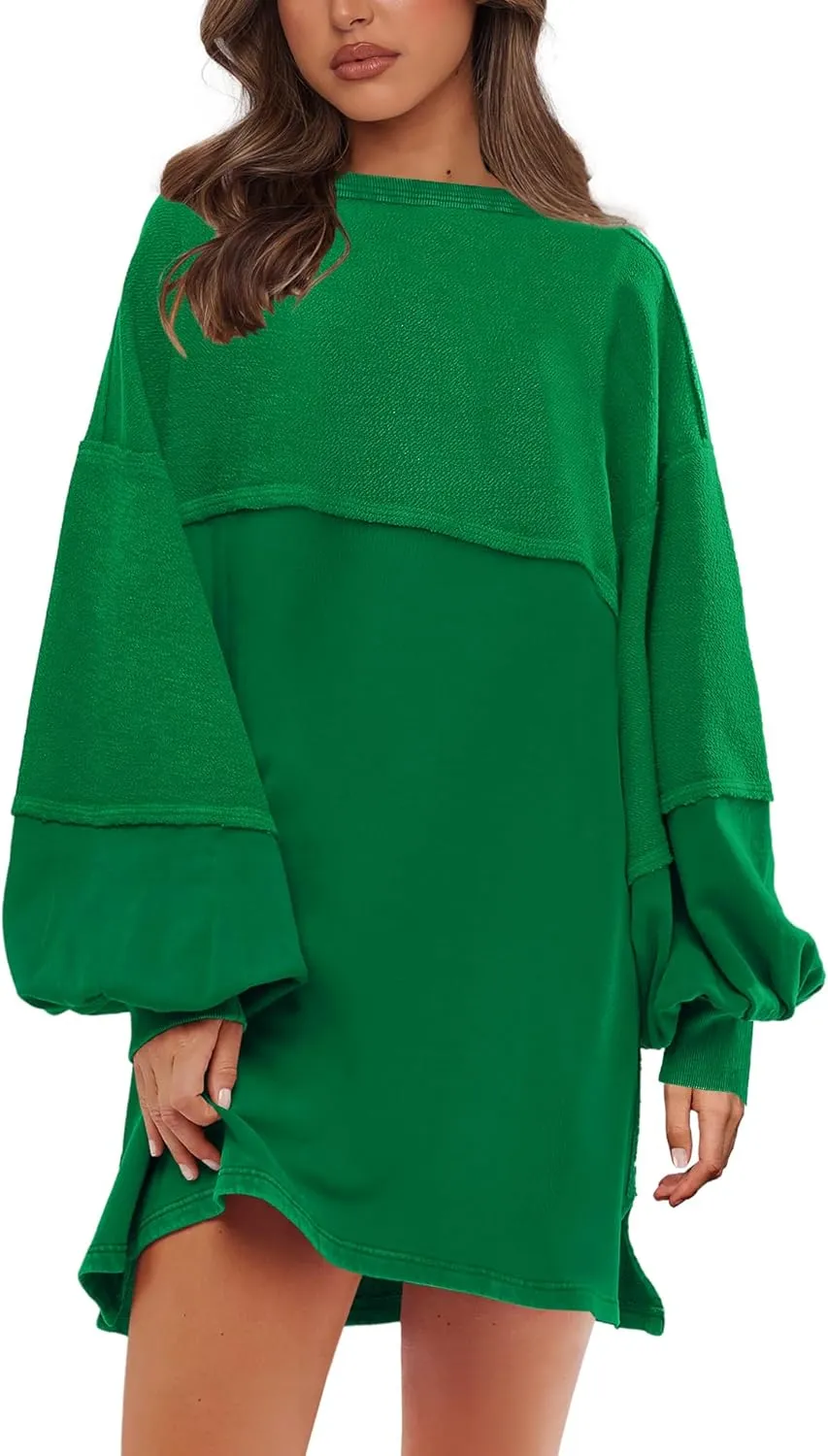 Yanekop Womens Oversized Sweatshirt Dress Patchwork Tunic Sweatshirts Crewneck Long Sleeve Spring Pullover Tops Side Slit