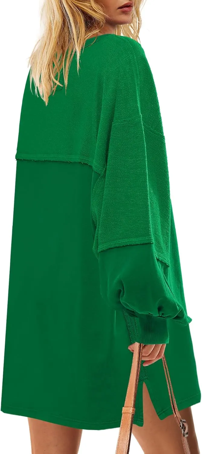 Yanekop Womens Oversized Sweatshirt Dress Patchwork Tunic Sweatshirts Crewneck Long Sleeve Spring Pullover Tops Side Slit