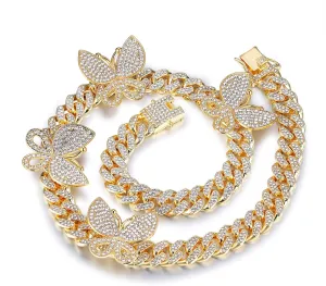 YBMYCM Butterfly Cuban Necklace Crystal Collars Cuban Link Chain Iced Bling Butterfly for Women Men Hip Hop Rapper Jewelry