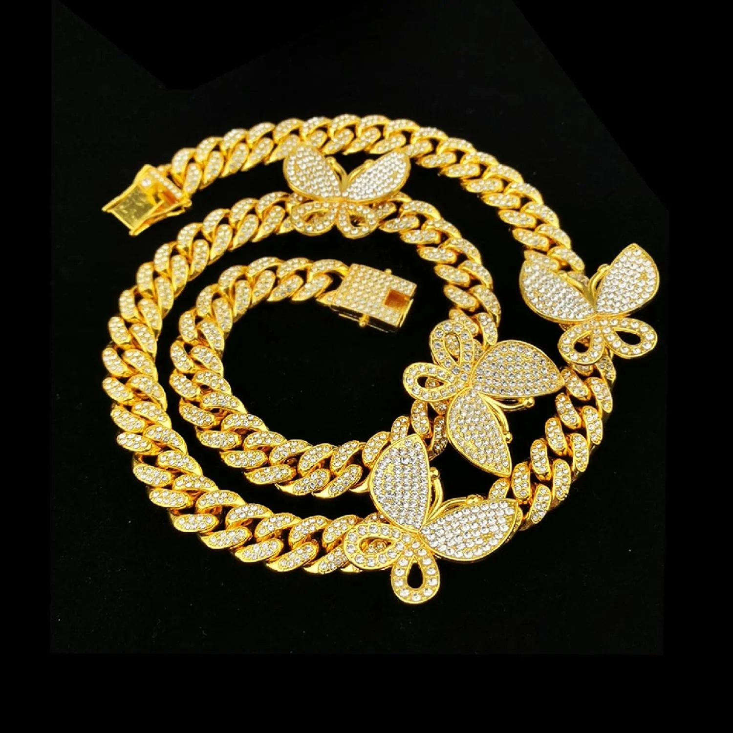 YBMYCM Butterfly Cuban Necklace Crystal Collars Cuban Link Chain Iced Bling Butterfly for Women Men Hip Hop Rapper Jewelry