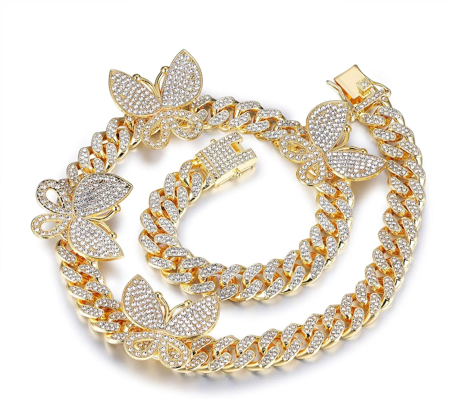 YBMYCM Butterfly Cuban Necklace Crystal Collars Cuban Link Chain Iced Bling Butterfly for Women Men Hip Hop Rapper Jewelry
