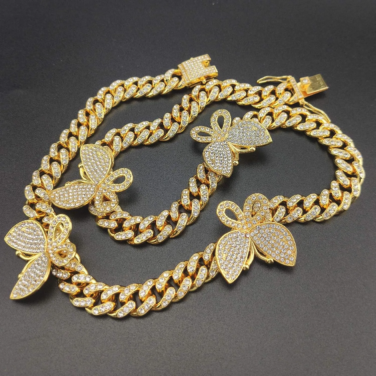 YBMYCM Butterfly Cuban Necklace Crystal Collars Cuban Link Chain Iced Bling Butterfly for Women Men Hip Hop Rapper Jewelry
