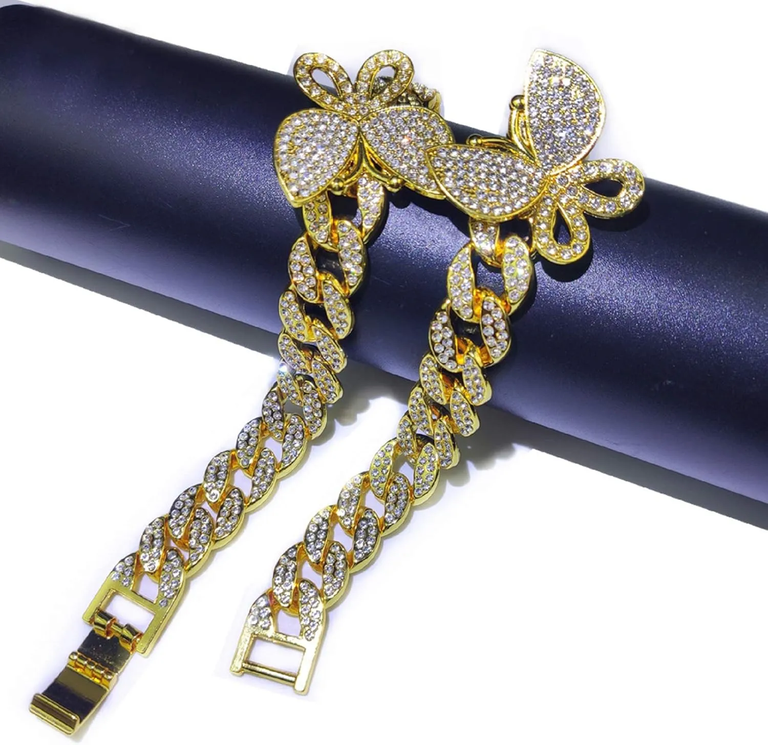 YBMYCM Butterfly Cuban Necklace Crystal Collars Cuban Link Chain Iced Bling Butterfly for Women Men Hip Hop Rapper Jewelry
