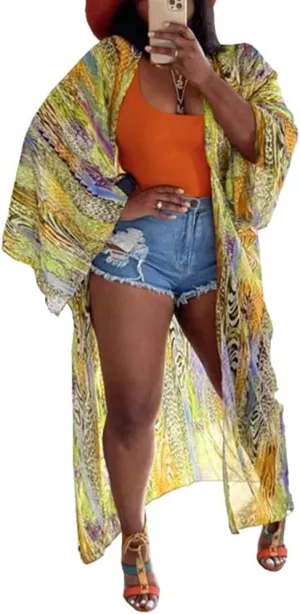 Yeshire Women's Sheer Chiffon Blouse Tops Kimono Cardigan Floral Loose Cover Ups Beach Cover up Swimsuit