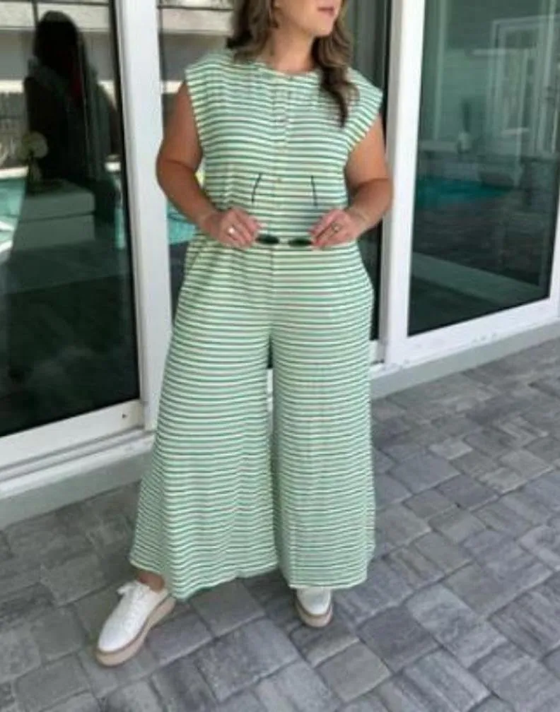 yoeasy Womens Casual Striped Jumpsuits Summer Cap Sleeve Wide Leg Romper Button Down Comfy Baggy Overalls