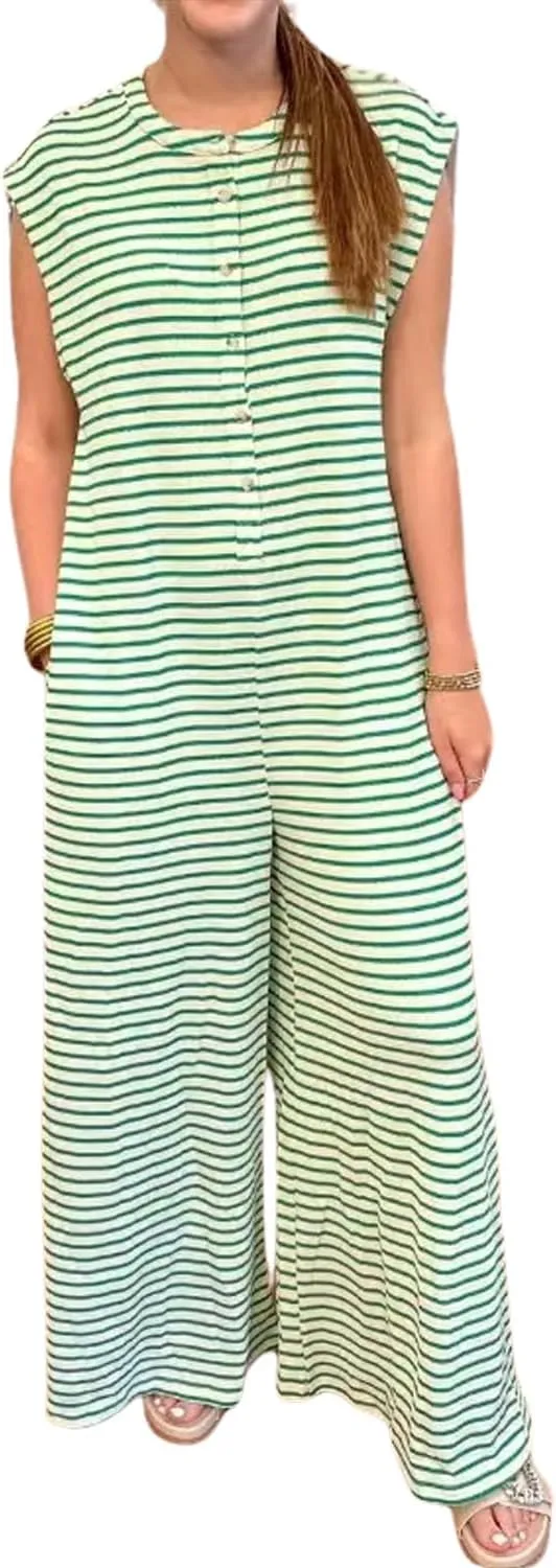 yoeasy Womens Casual Striped Jumpsuits Summer Cap Sleeve Wide Leg Romper Button Down Comfy Baggy Overalls