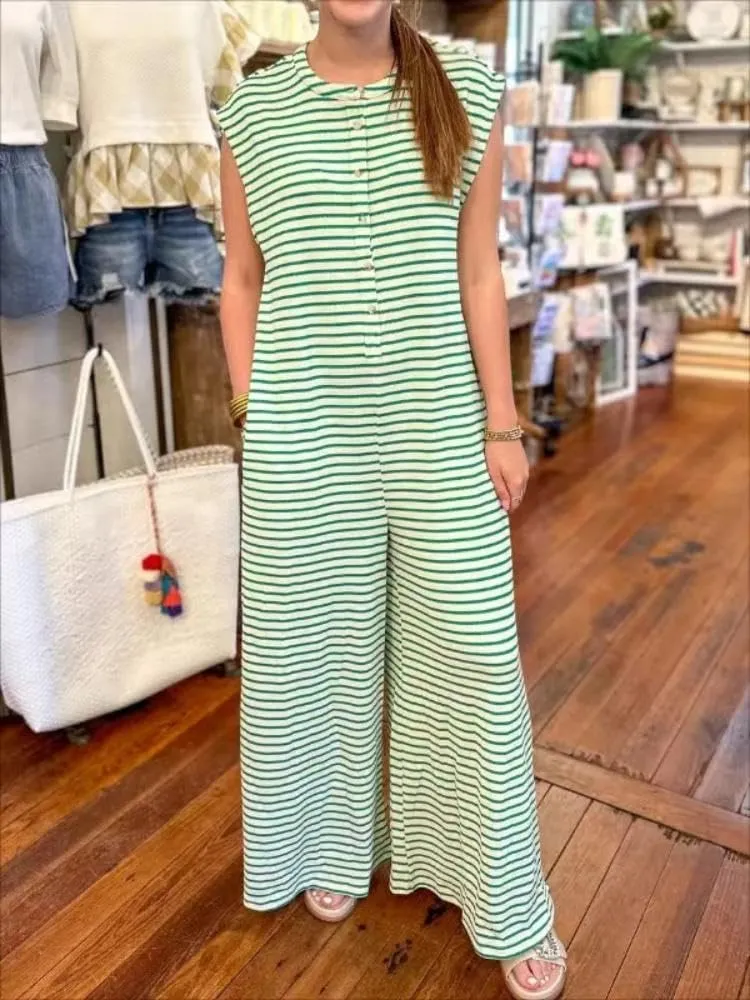 yoeasy Womens Casual Striped Jumpsuits Summer Cap Sleeve Wide Leg Romper Button Down Comfy Baggy Overalls