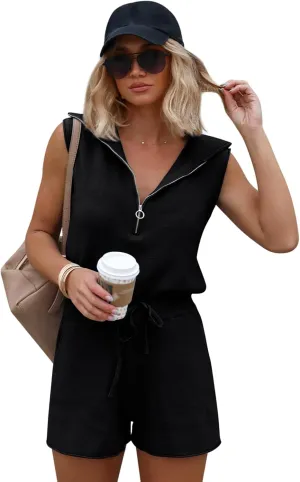 Yousify Women's Casual Sleeveless Short Rompers Summer Half Zip Lapel Collar Drawstring Knit One Piece Jumpsuit with Pockets