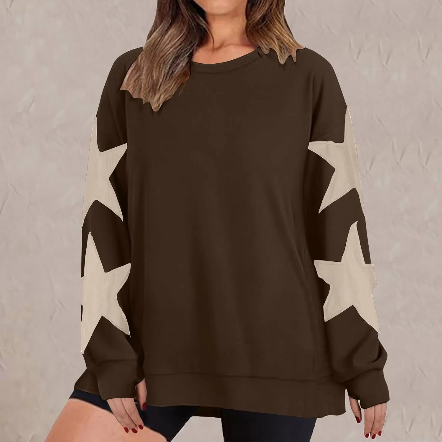 ZDRZK Women's Star Print Sweatshirts Thumb Hole Long Sleeve Crewneck Pullover 2024 Fall Fleece Casual Tops Trendy Y2k
