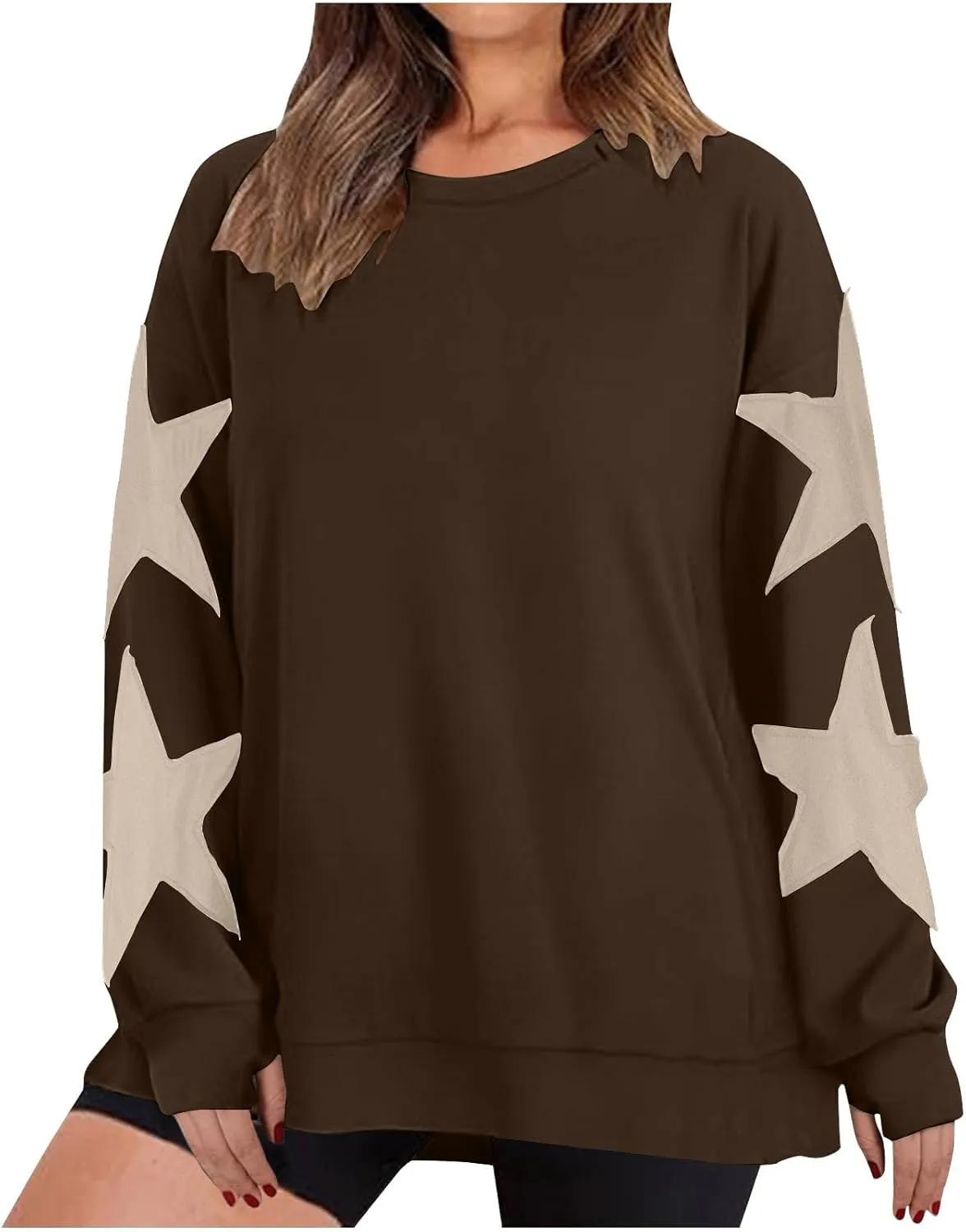 ZDRZK Women's Star Print Sweatshirts Thumb Hole Long Sleeve Crewneck Pullover 2024 Fall Fleece Casual Tops Trendy Y2k