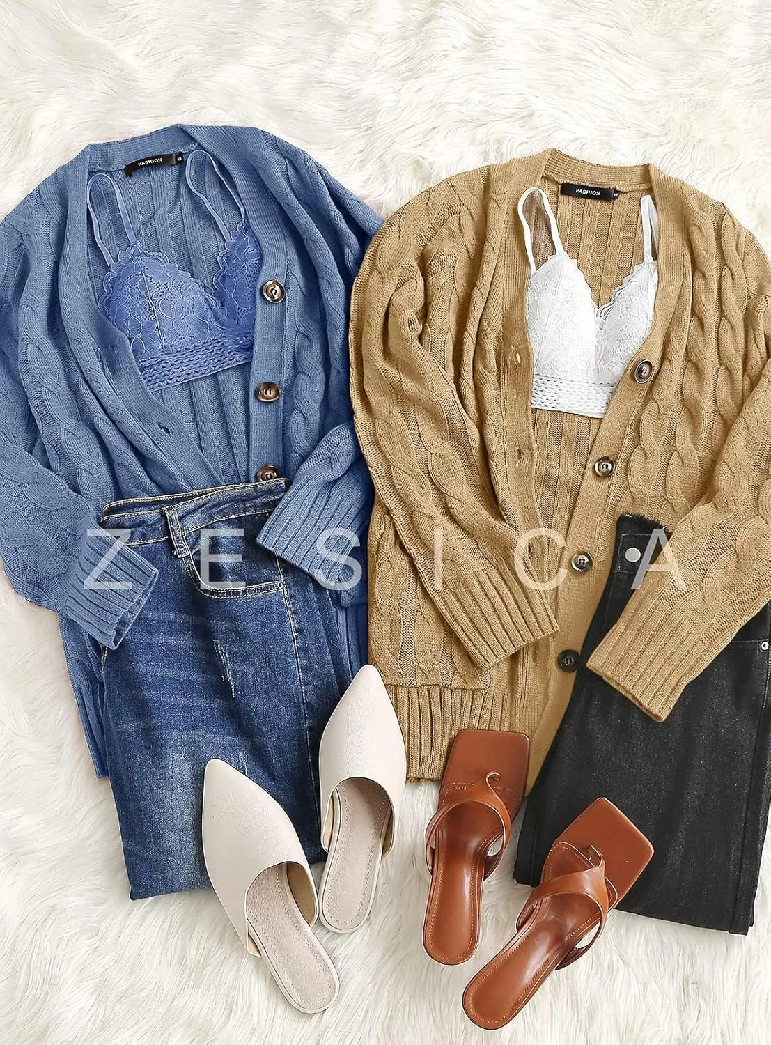 ZESICA Women's Fall Casual Long Sleeve Button Down Open Front Cable Knit Cardigan Sweater Coat