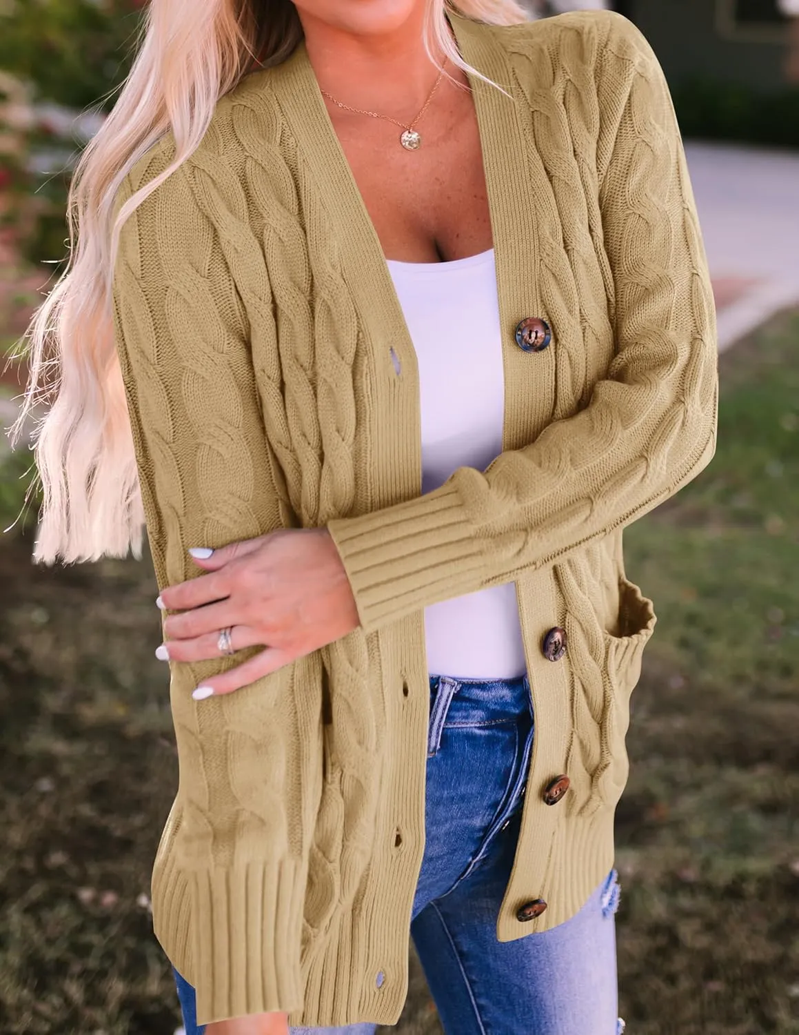 ZESICA Women's Fall Casual Long Sleeve Button Down Open Front Cable Knit Cardigan Sweater Coat
