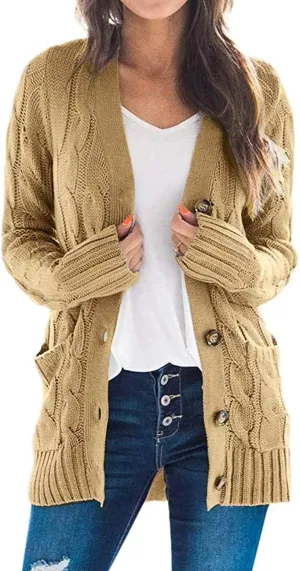 ZESICA Women's Fall Casual Long Sleeve Button Down Open Front Cable Knit Cardigan Sweater Coat