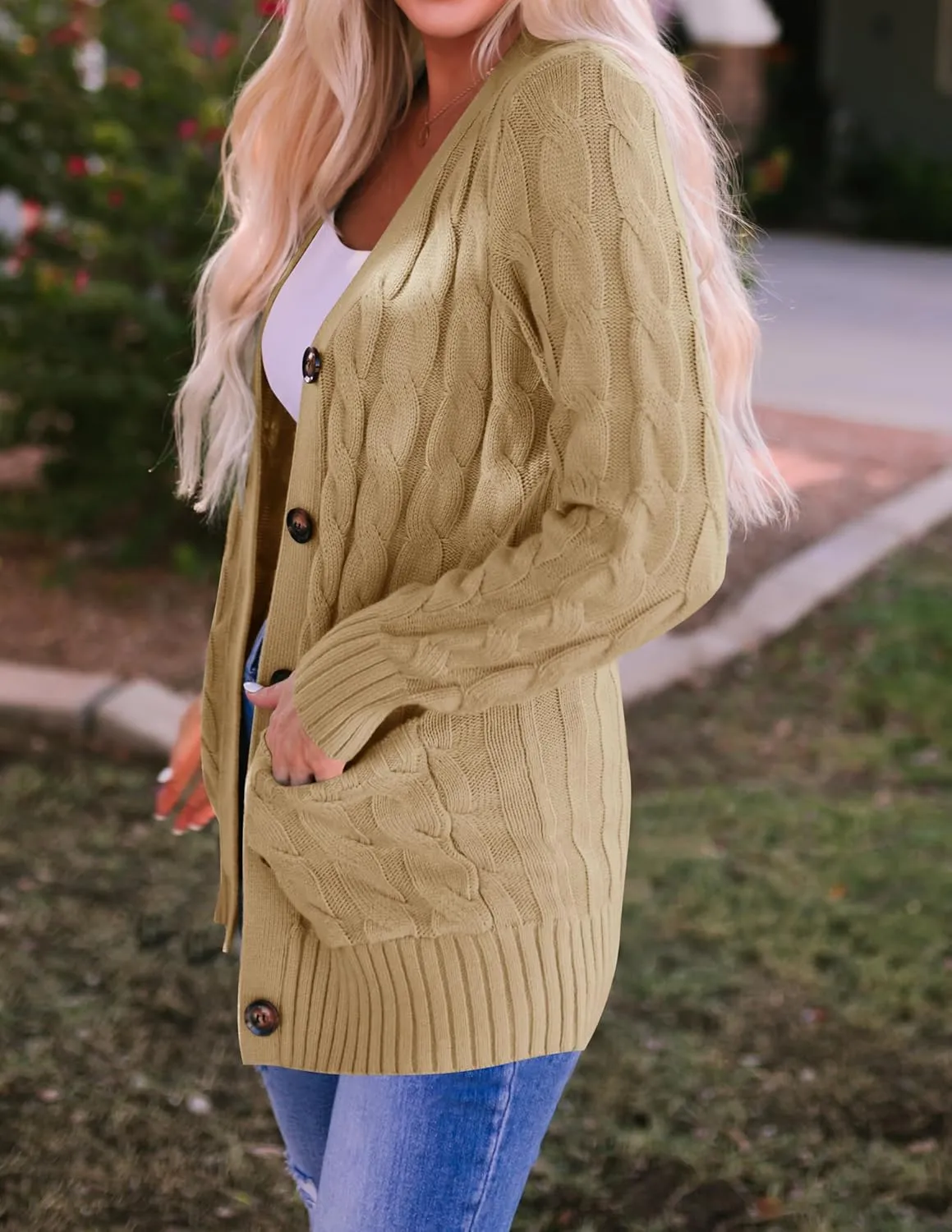 ZESICA Women's Fall Casual Long Sleeve Button Down Open Front Cable Knit Cardigan Sweater Coat