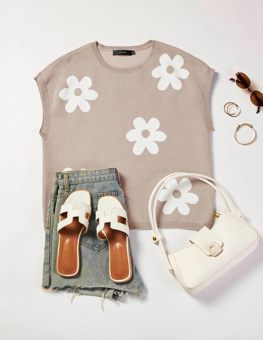 ZESICA Womens Summer Casual Printed Tops Cap Sleeve Crew Neck Cute Knit Sweaters 2025 Trendy Clothes Outfits