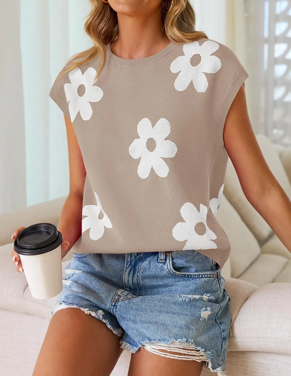 ZESICA Womens Summer Casual Printed Tops Cap Sleeve Crew Neck Cute Knit Sweaters 2025 Trendy Clothes Outfits
