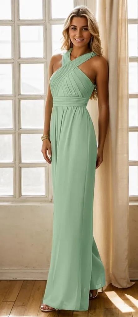 Zoghoo Chiffon Formal Jumpsuits for Women Wedding Halter Long Wide Leg Pants Rompers One Piece Outfits