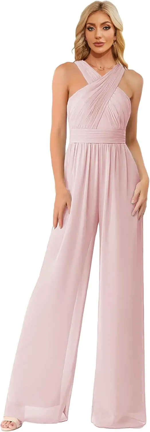 Zoghoo Chiffon Formal Jumpsuits for Women Wedding Halter Long Wide Leg Pants Rompers One Piece Outfits