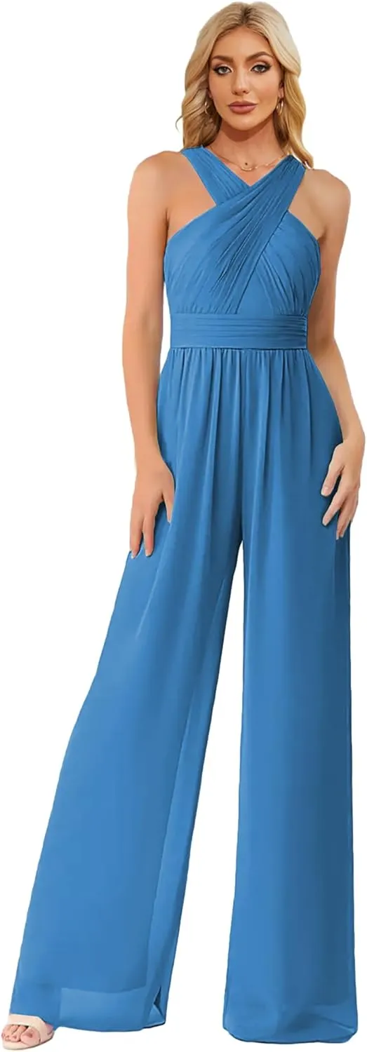 Zoghoo Chiffon Formal Jumpsuits for Women Wedding Halter Long Wide Leg Pants Rompers One Piece Outfits