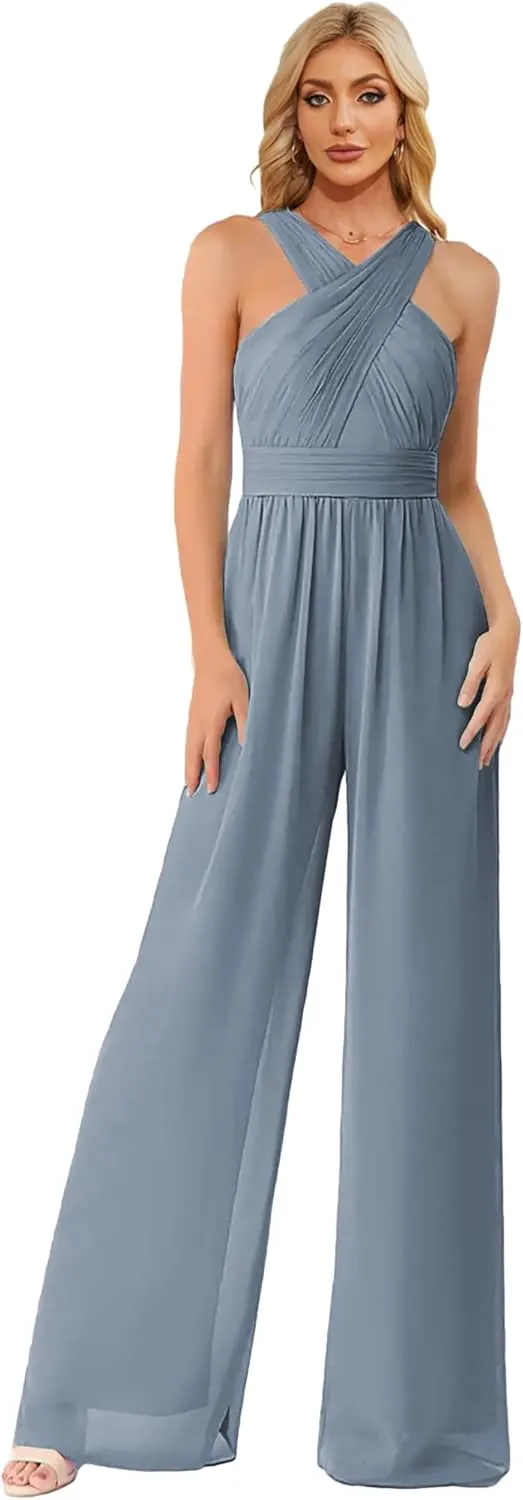 Zoghoo Chiffon Formal Jumpsuits for Women Wedding Halter Long Wide Leg Pants Rompers One Piece Outfits