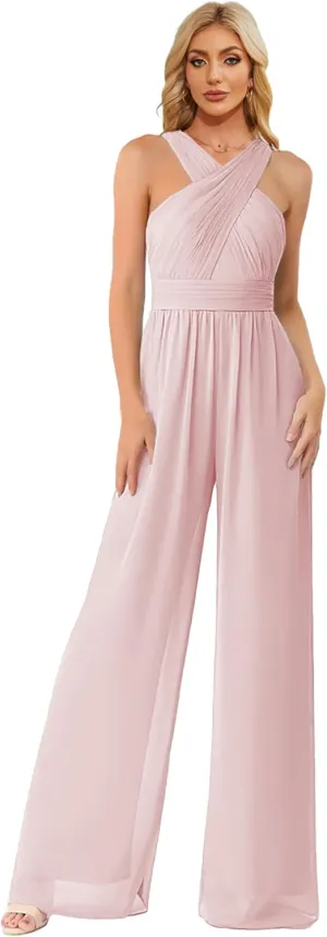 Zoghoo Chiffon Formal Jumpsuits for Women Wedding Halter Long Wide Leg Pants Rompers One Piece Outfits