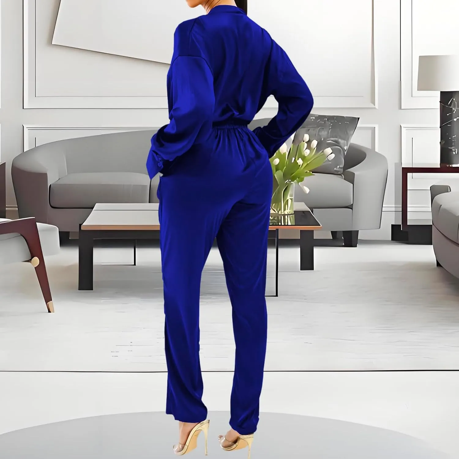 ZonJie Casual jumpsuits for women dressy Elegant Sexy Deep V Neck Long Sleeve Off Shoulder Club Party Wide Leg Long Pants