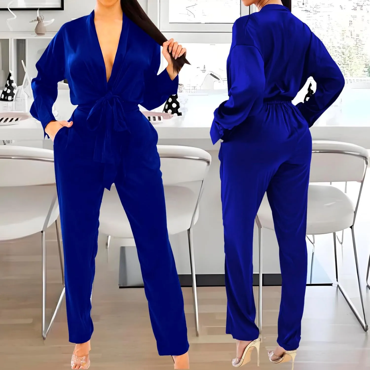 ZonJie Casual jumpsuits for women dressy Elegant Sexy Deep V Neck Long Sleeve Off Shoulder Club Party Wide Leg Long Pants