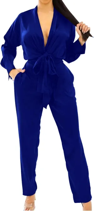 ZonJie Casual jumpsuits for women dressy Elegant Sexy Deep V Neck Long Sleeve Off Shoulder Club Party Wide Leg Long Pants