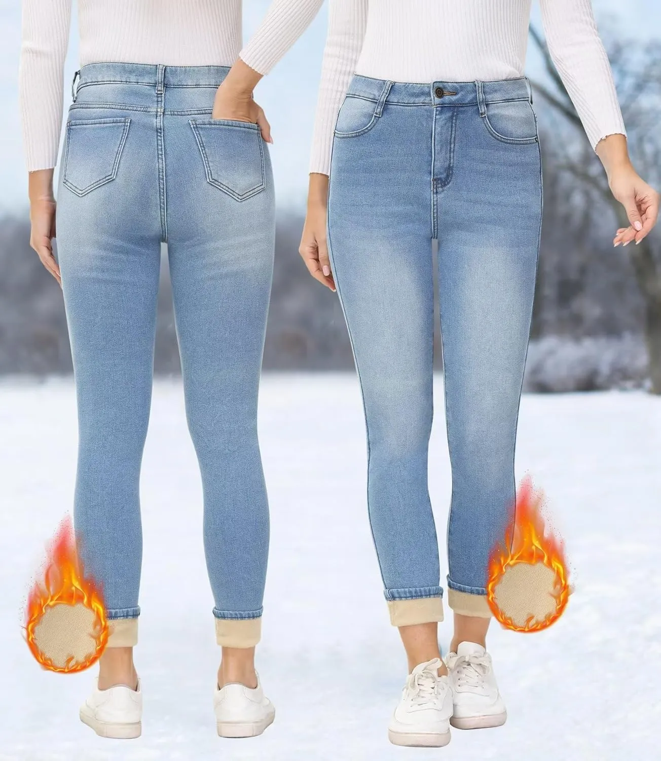 ZQIWIN Women's Fleece Lined Jeans Warm Fleece Lined Pants Women 2023 Winter Flannel Skinny Leggings Jeans