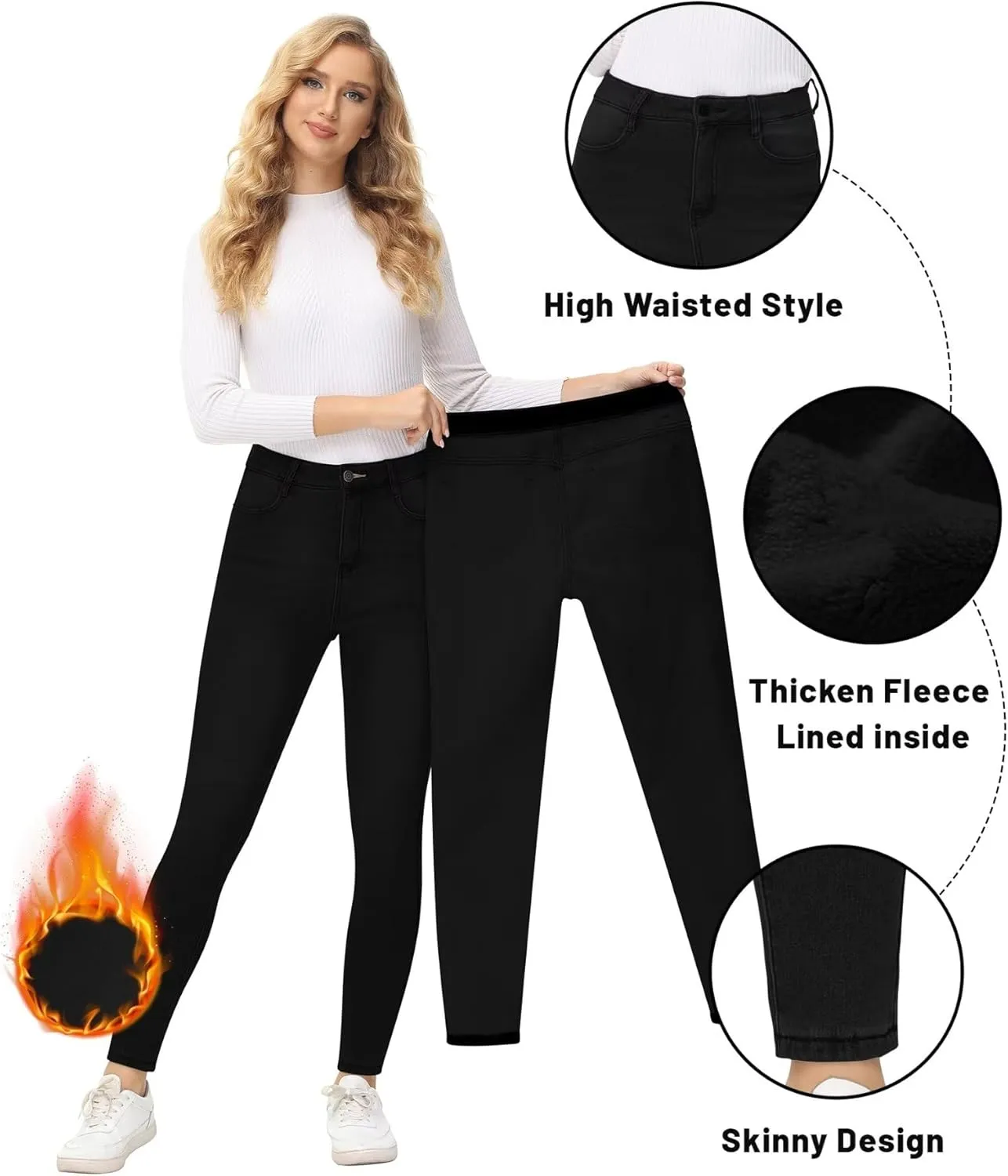 ZQIWIN Women's Fleece Lined Jeans Warm Fleece Lined Pants Women 2023 Winter Flannel Skinny Leggings Jeans