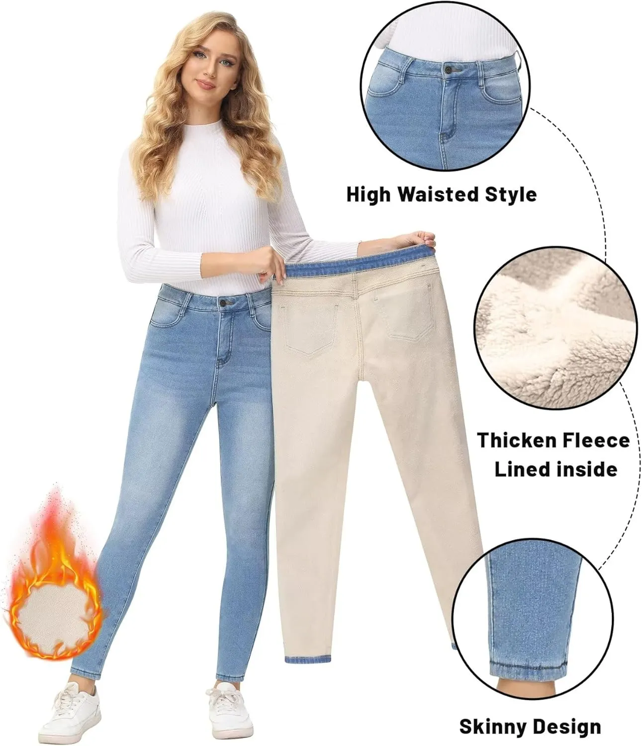 ZQIWIN Women's Fleece Lined Jeans Warm Fleece Lined Pants Women 2023 Winter Flannel Skinny Leggings Jeans